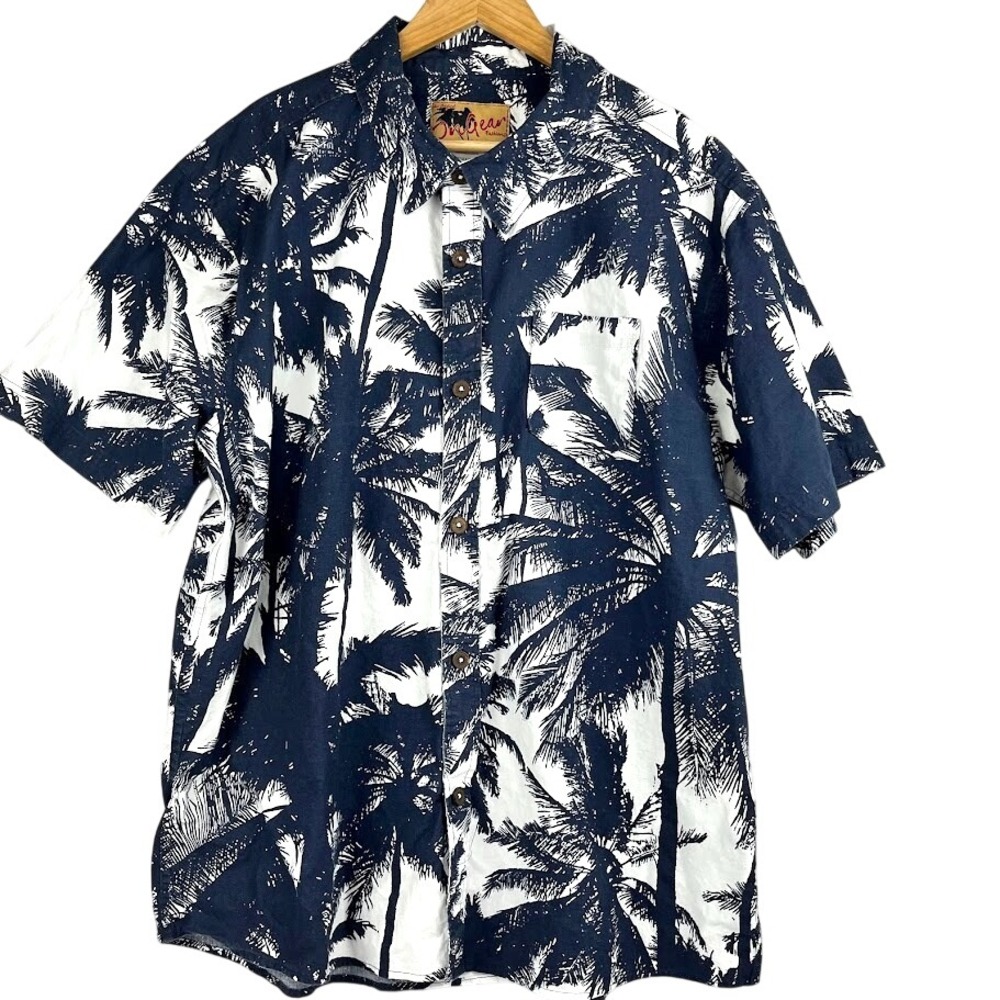 In‎ Gear 100% Cotton Men's XXL Hawaiian Navy & White Shirt Palm Trees 2XL